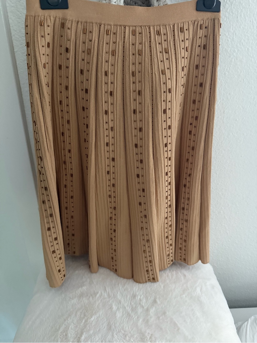 Sandro Tan Ribbed Knit Sweater with Brass Bead Accents